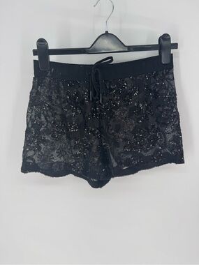 Skull & Bones festival boho Sequin Lace Drawstring sheer Black shorts